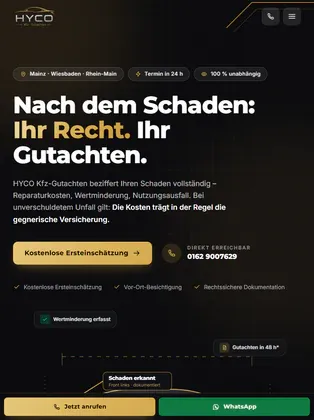 Website HYCO Kfz-Gutachten – Tablet-Ansicht