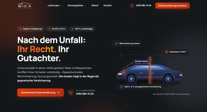 Website SICA Kfz-Sachverständiger – Desktop-Ansicht