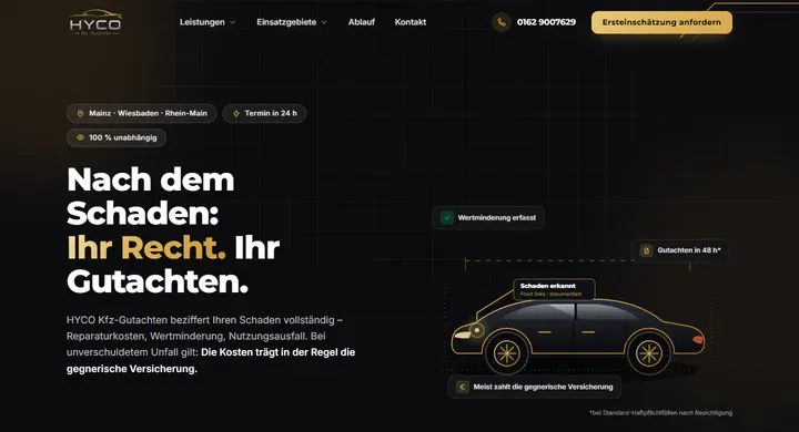 Website HYCO Kfz-Gutachten – Desktop-Ansicht