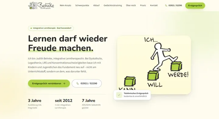 Website Judith Behnke Lerntherapie – Desktop-Ansicht